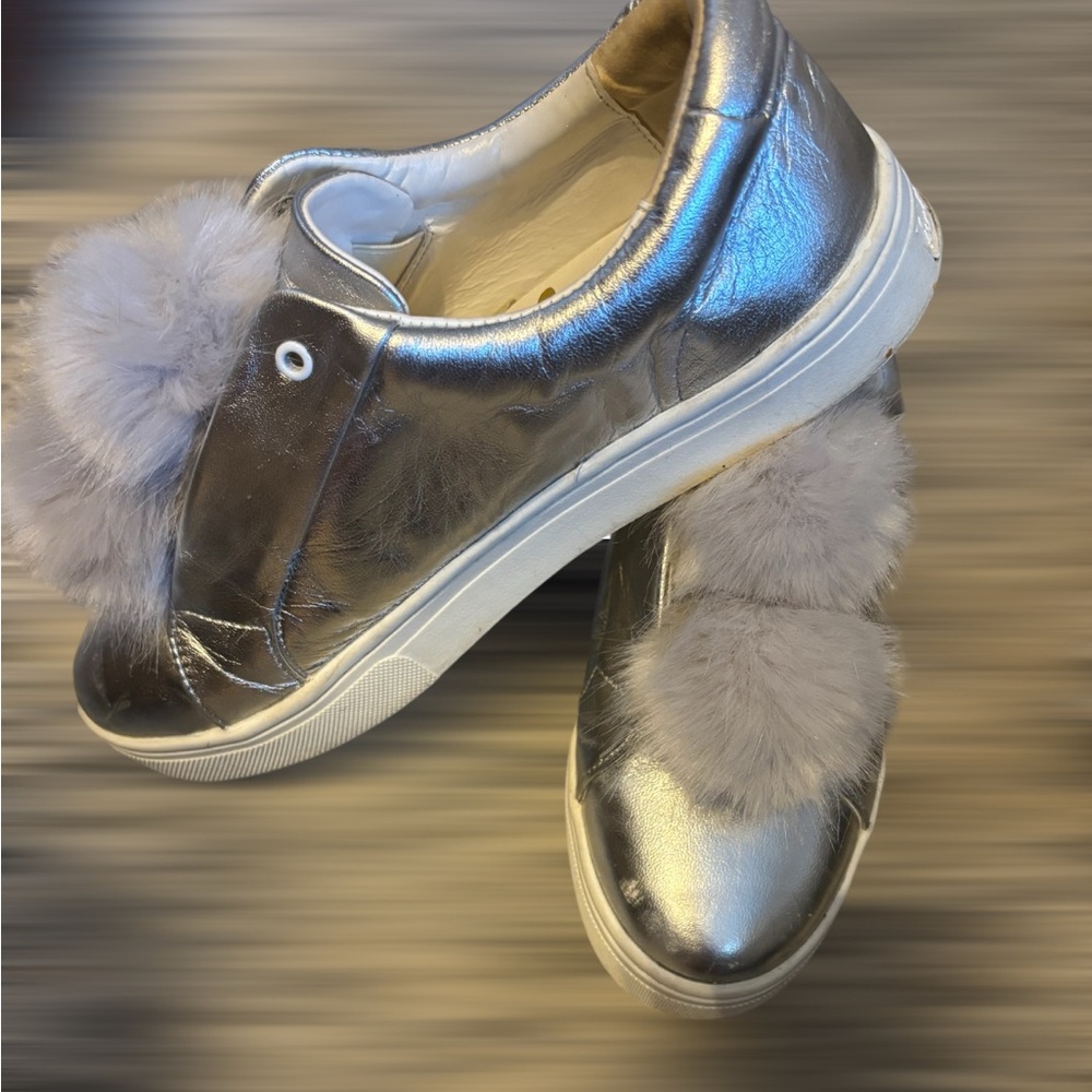 Sam Edelman Silver Sneakers with Gray Fur Pom Poms